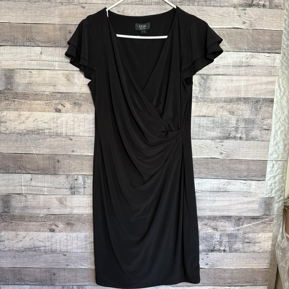 MSK Petite Women's Flutter Sleeve Faux Wrap Dress - Black - PL